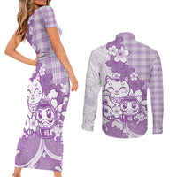 Purple Palaka Hawaiian And Japanese Couples Matching Short Sleeve Bodycon Dress and Long Sleeve Button Shirt Maneki Neko And Sakura Bloom