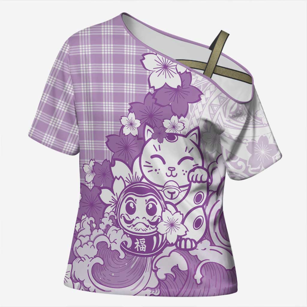 Purple Palaka Hawaiian And Japanese Cross Shoulder Shirt Maneki Neko And Sakura Bloom DT05 Female Purple - Polynesian Pride