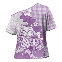 Purple Palaka Hawaiian And Japanese Cross Shoulder Shirt Maneki Neko And Sakura Bloom DT05 - Polynesian Pride