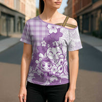 Purple Palaka Hawaiian And Japanese Cross Shoulder Shirt Maneki Neko And Sakura Bloom DT05 - Polynesian Pride
