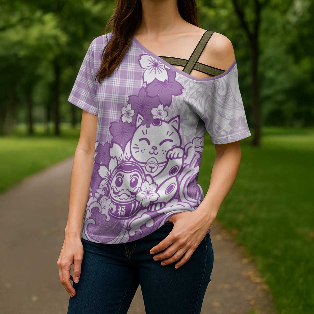 Purple Palaka Hawaiian And Japanese Cross Shoulder Shirt Maneki Neko And Sakura Bloom DT05 - Polynesian Pride