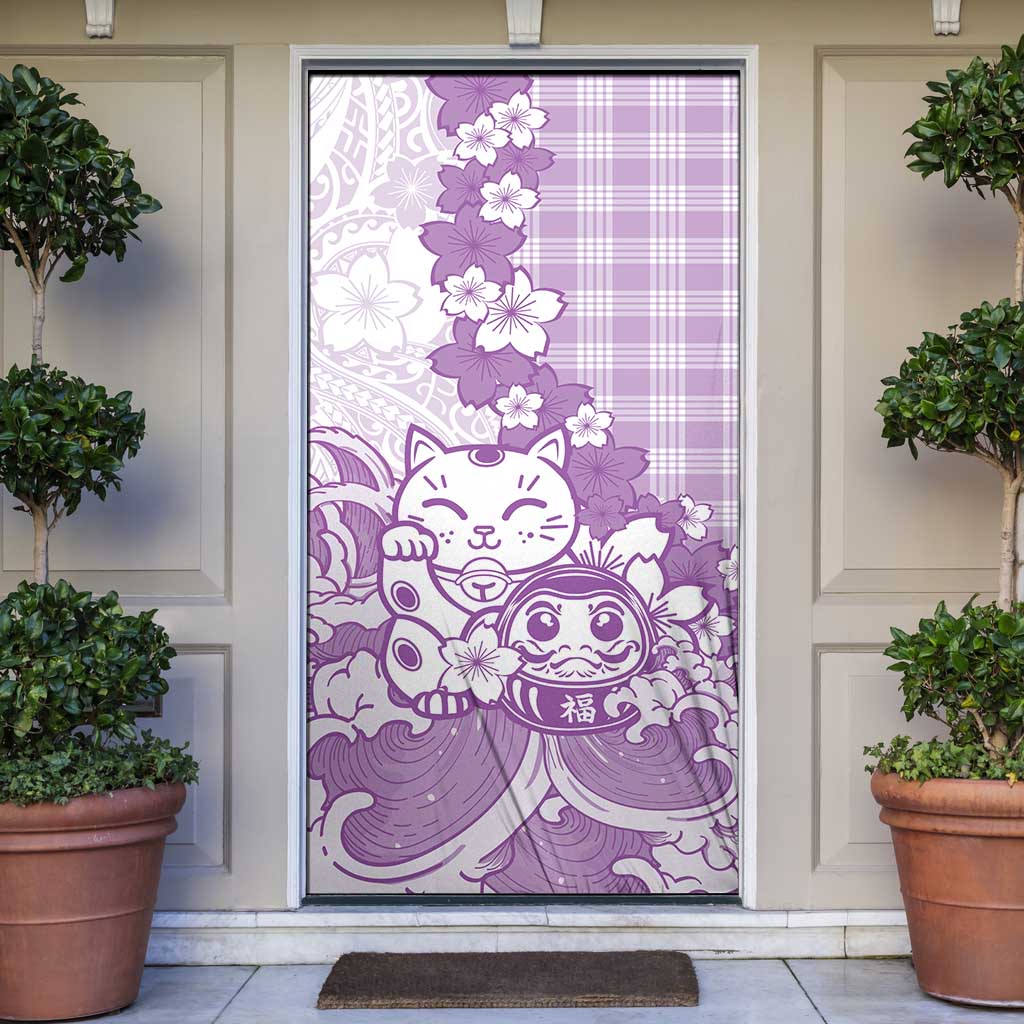 Purple Palaka Hawaiian And Japanese Door Cover Maneki Neko And Sakura Bloom DT05 Purple - Polynesian Pride