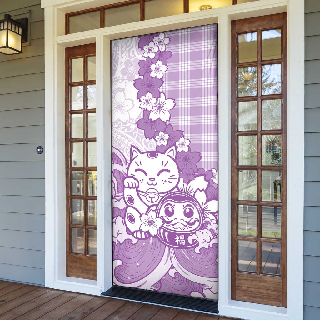 Purple Palaka Hawaiian And Japanese Door Cover Maneki Neko And Sakura Bloom DT05 - Polynesian Pride
