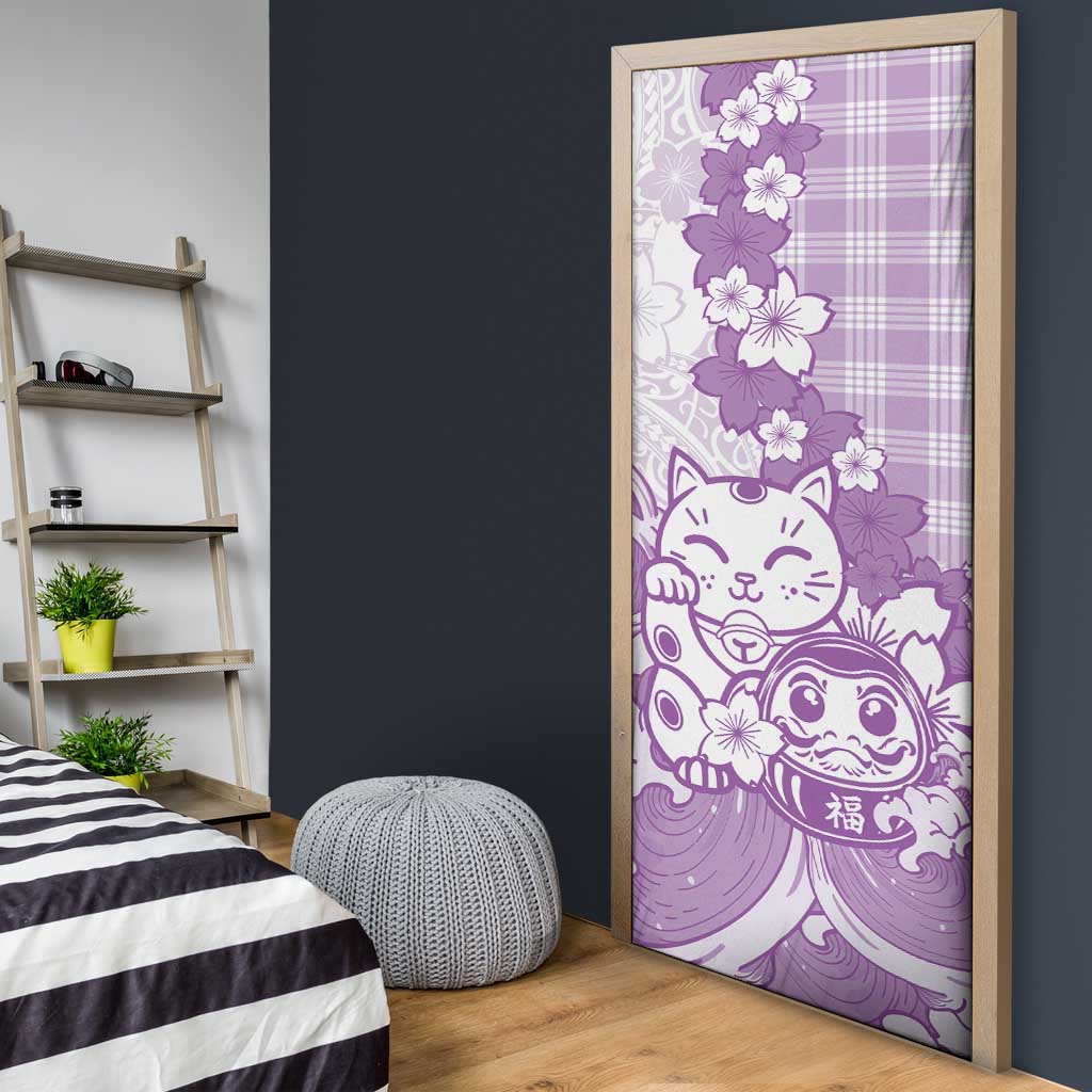 Purple Palaka Hawaiian And Japanese Door Cover Maneki Neko And Sakura Bloom DT05 - Polynesian Pride