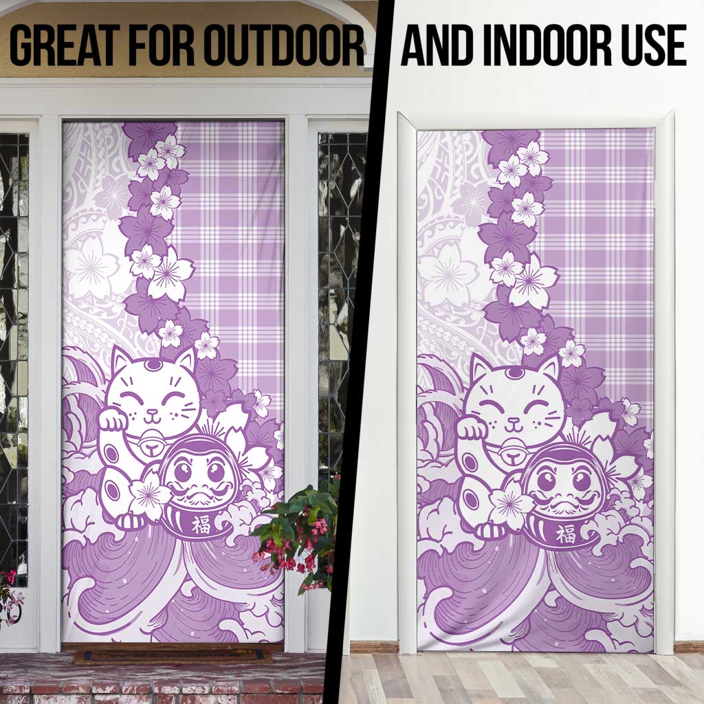 Purple Palaka Hawaiian And Japanese Door Cover Maneki Neko And Sakura Bloom DT05 - Polynesian Pride