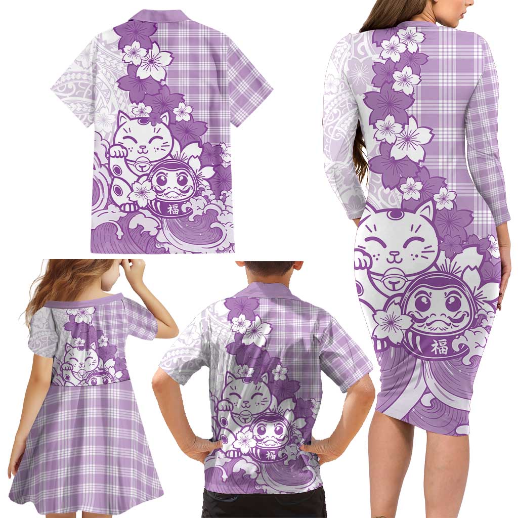 Purple Palaka Hawaiian And Japanese Family Matching Long Sleeve Bodycon Dress and Hawaiian Shirt Maneki Neko And Sakura Bloom