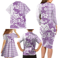 Purple Palaka Hawaiian And Japanese Family Matching Long Sleeve Bodycon Dress and Hawaiian Shirt Maneki Neko And Sakura Bloom