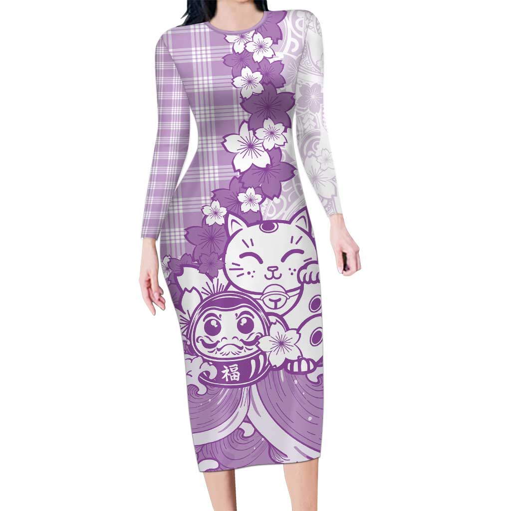 Purple Palaka Hawaiian And Japanese Family Matching Long Sleeve Bodycon Dress and Hawaiian Shirt Maneki Neko And Sakura Bloom