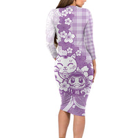Purple Palaka Hawaiian And Japanese Family Matching Long Sleeve Bodycon Dress and Hawaiian Shirt Maneki Neko And Sakura Bloom