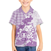 Purple Palaka Hawaiian And Japanese Family Matching Long Sleeve Bodycon Dress and Hawaiian Shirt Maneki Neko And Sakura Bloom