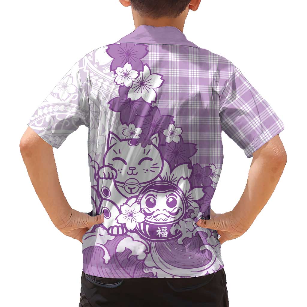 Purple Palaka Hawaiian And Japanese Family Matching Mermaid Dress and Hawaiian Shirt Maneki Neko And Sakura Bloom