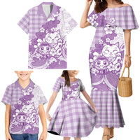 Purple Palaka Hawaiian And Japanese Family Matching Mermaid Dress and Hawaiian Shirt Maneki Neko And Sakura Bloom