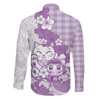 Purple Palaka Hawaiian And Japanese Family Matching Mermaid Dress and Hawaiian Shirt Maneki Neko And Sakura Bloom
