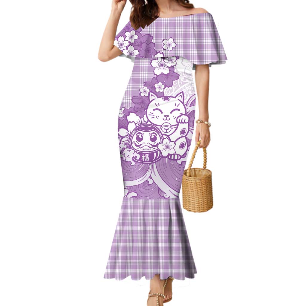 Purple Palaka Hawaiian And Japanese Family Matching Mermaid Dress and Hawaiian Shirt Maneki Neko And Sakura Bloom