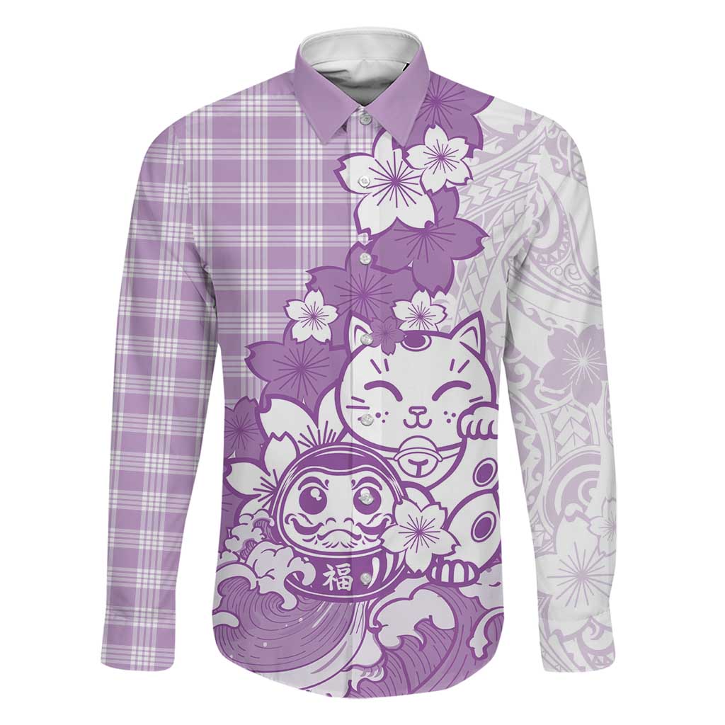 Purple Palaka Hawaiian And Japanese Family Matching Off The Shoulder Long Sleeve Dress and Hawaiian Shirt Maneki Neko And Sakura Bloom