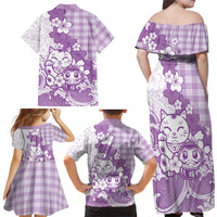 Purple Palaka Hawaiian And Japanese Family Matching Off Shoulder Maxi Dress and Hawaiian Shirt Maneki Neko And Sakura Bloom