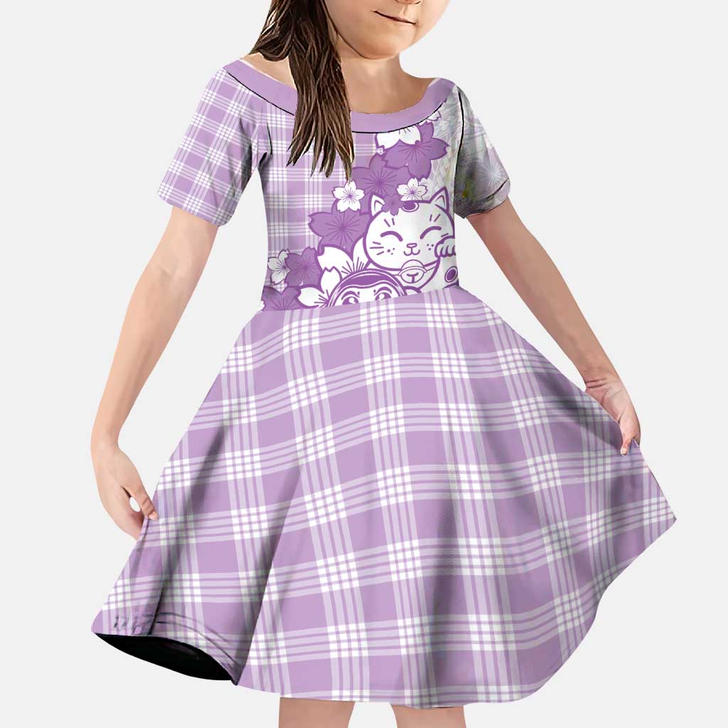Purple Palaka Hawaiian And Japanese Family Matching Off Shoulder Short Dress and Hawaiian Shirt Maneki Neko And Sakura Bloom