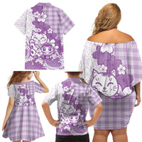 Purple Palaka Hawaiian And Japanese Family Matching Off Shoulder Short Dress and Hawaiian Shirt Maneki Neko And Sakura Bloom