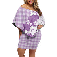Purple Palaka Hawaiian And Japanese Family Matching Off Shoulder Short Dress and Hawaiian Shirt Maneki Neko And Sakura Bloom