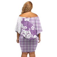 Purple Palaka Hawaiian And Japanese Family Matching Off Shoulder Short Dress and Hawaiian Shirt Maneki Neko And Sakura Bloom