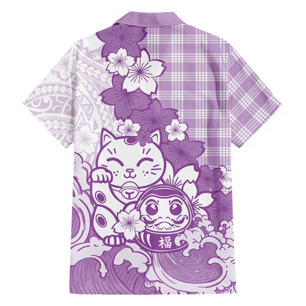 Purple Palaka Hawaiian And Japanese Family Matching Puletasi and Hawaiian Shirt Maneki Neko And Sakura Bloom