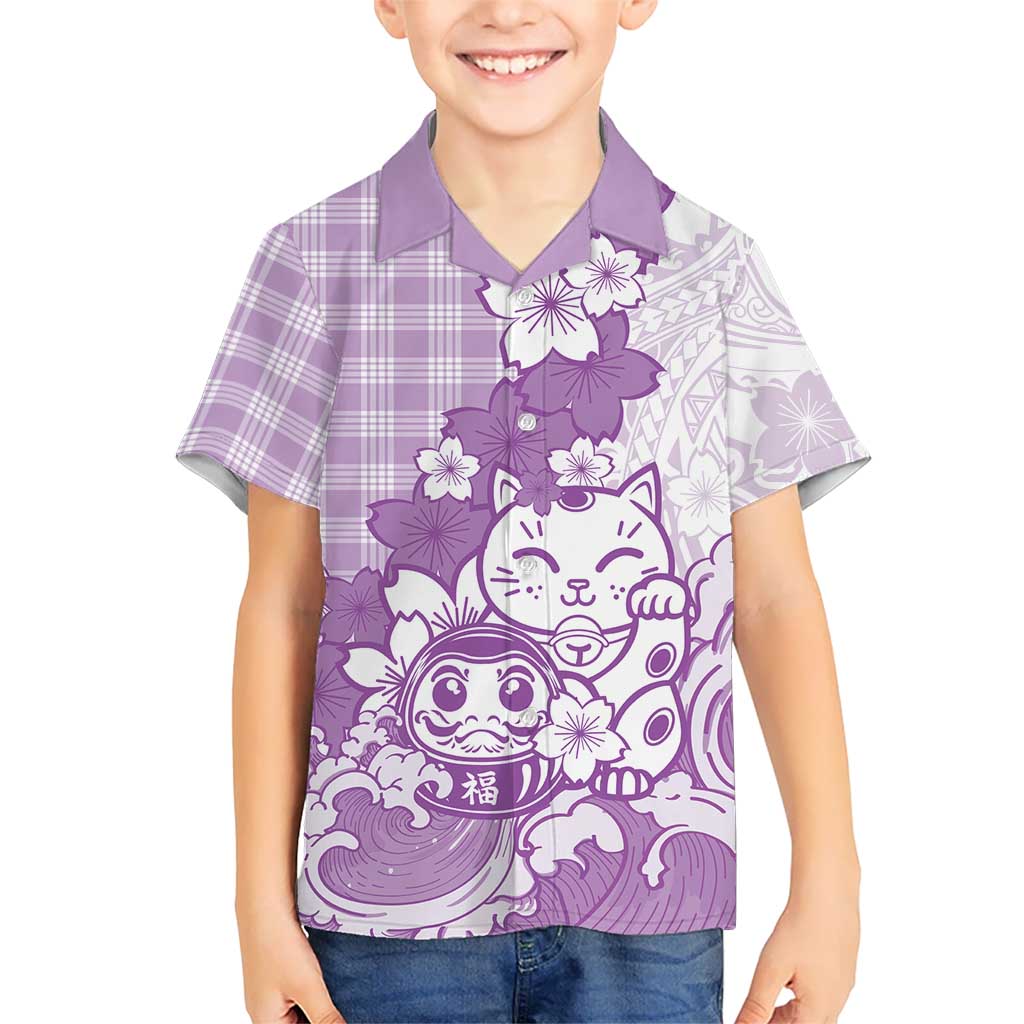 Purple Palaka Hawaiian And Japanese Family Matching Puletasi and Hawaiian Shirt Maneki Neko And Sakura Bloom