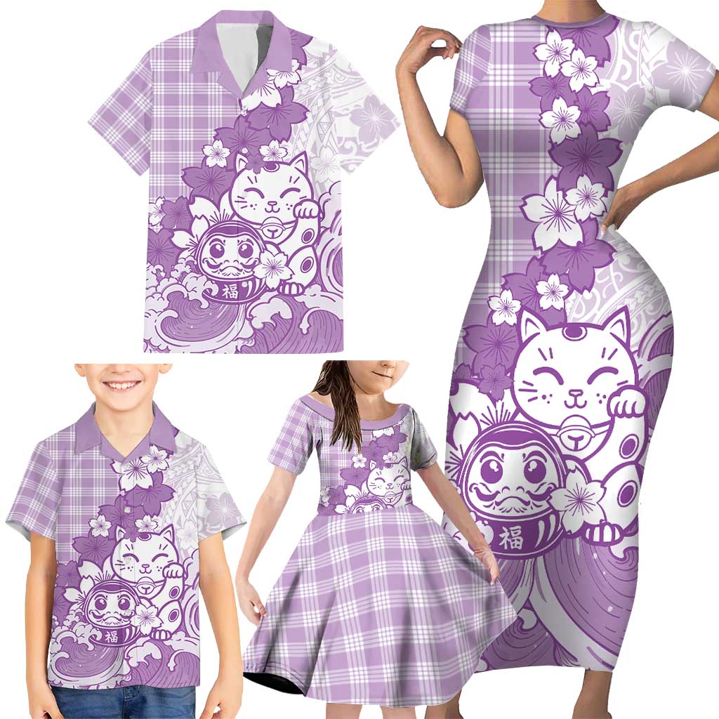Purple Palaka Hawaiian And Japanese Family Matching Short Sleeve Bodycon Dress and Hawaiian Shirt Maneki Neko And Sakura Bloom