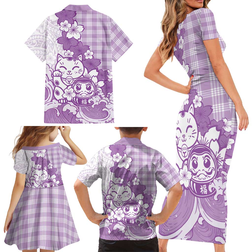 Purple Palaka Hawaiian And Japanese Family Matching Short Sleeve Bodycon Dress and Hawaiian Shirt Maneki Neko And Sakura Bloom