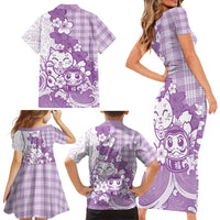 Purple Palaka Hawaiian And Japanese Family Matching Short Sleeve Bodycon Dress and Hawaiian Shirt Maneki Neko And Sakura Bloom