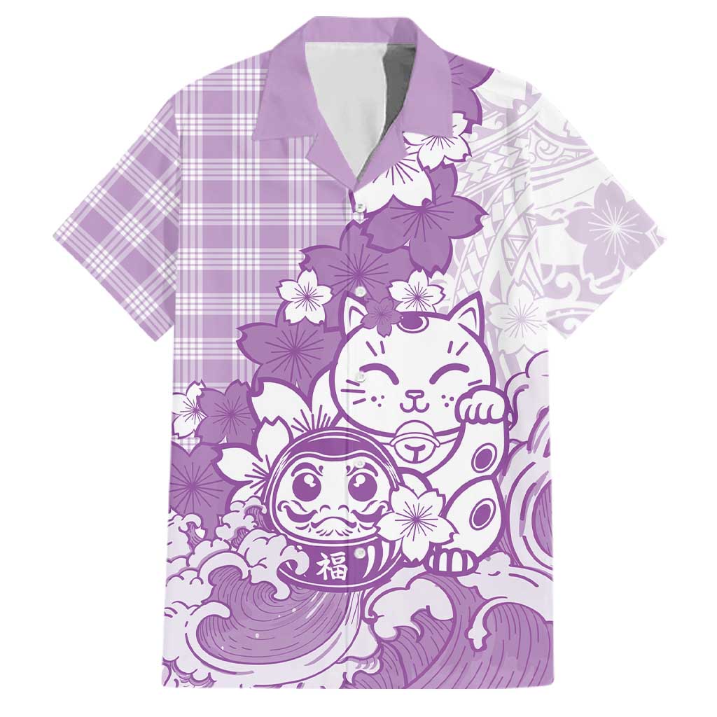 Purple Palaka Hawaiian And Japanese Family Matching Short Sleeve Bodycon Dress and Hawaiian Shirt Maneki Neko And Sakura Bloom