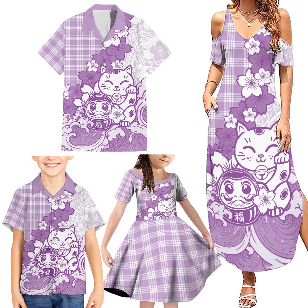 Purple Palaka Hawaiian And Japanese Family Matching Summer Maxi Dress and Hawaiian Shirt Maneki Neko And Sakura Bloom