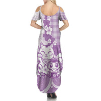 Purple Palaka Hawaiian And Japanese Family Matching Summer Maxi Dress and Hawaiian Shirt Maneki Neko And Sakura Bloom