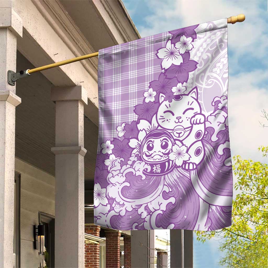 Purple Palaka Hawaiian And Japanese Garden Flag Maneki Neko And Sakura Bloom DT05 House Flag Purple - Polynesian Pride