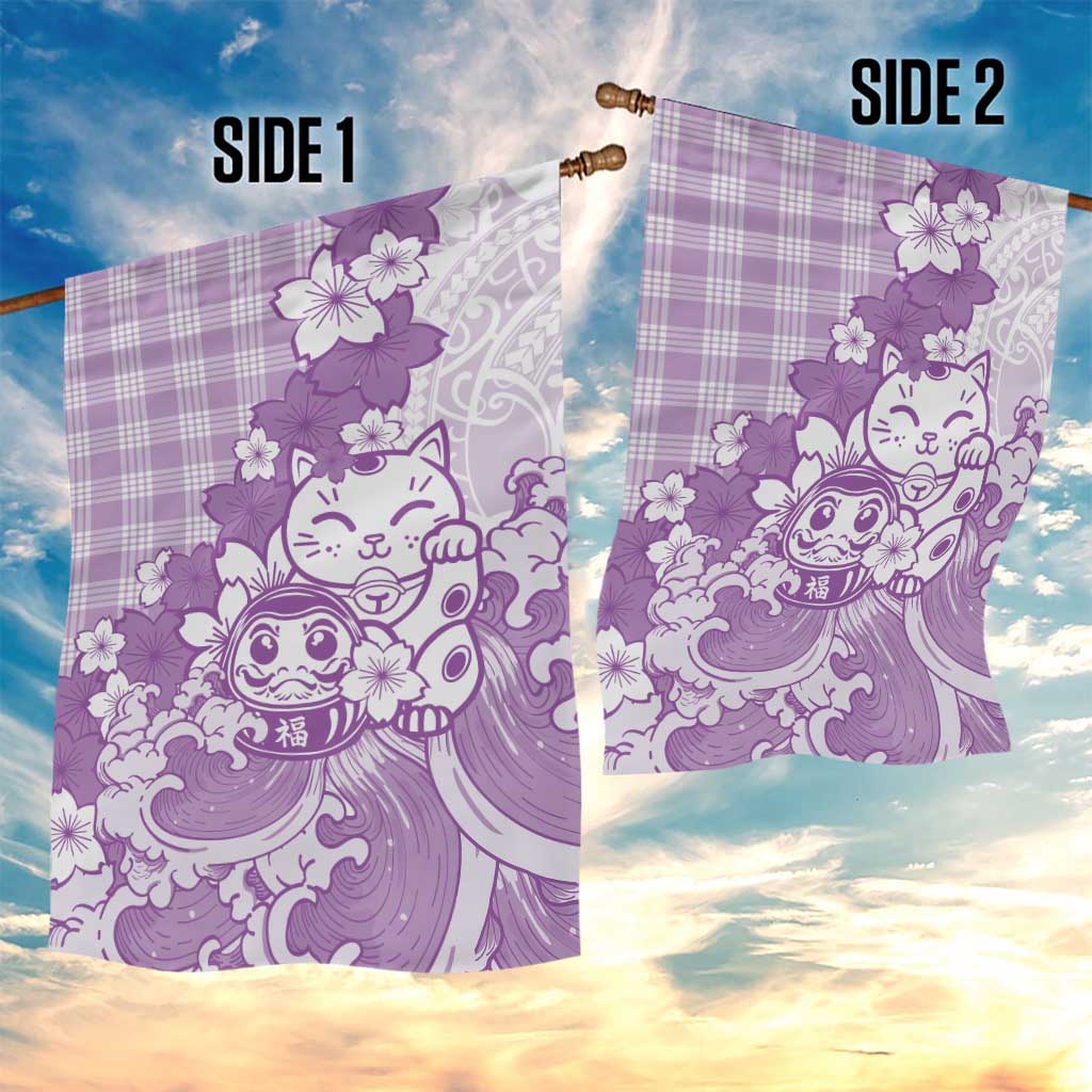 Purple Palaka Hawaiian And Japanese Garden Flag Maneki Neko And Sakura Bloom