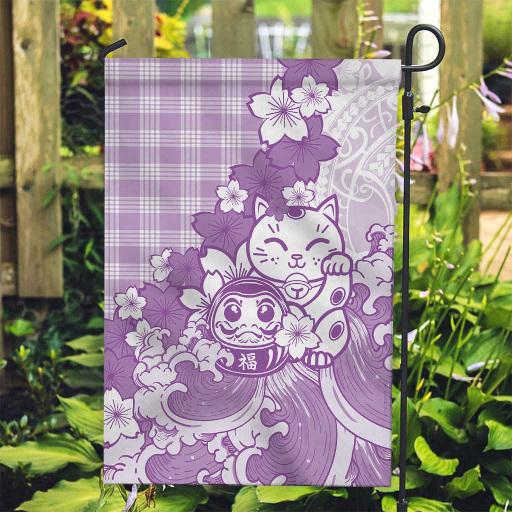 Purple Palaka Hawaiian And Japanese Garden Flag Maneki Neko And Sakura Bloom