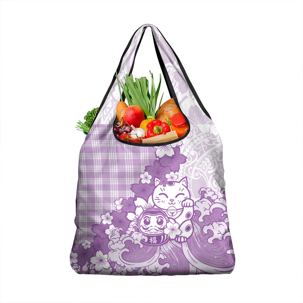 Purple Palaka Hawaiian And Japanese Grocery Bag Maneki Neko And Sakura Bloom DT05 1-pack One Size Purple - Polynesian Pride