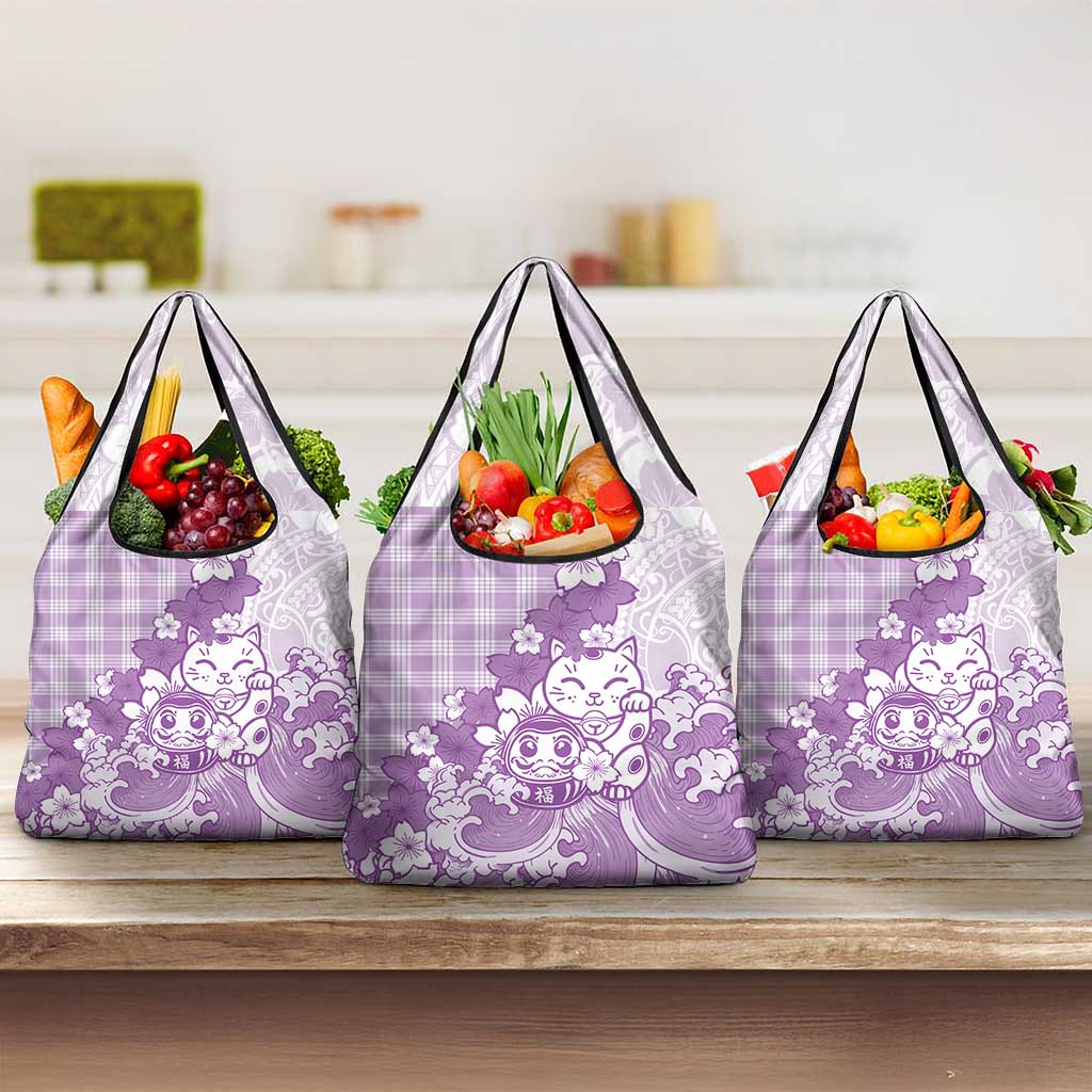 Purple Palaka Hawaiian And Japanese Grocery Bag Maneki Neko And Sakura Bloom DT05 3-pack One Size Purple - Polynesian Pride