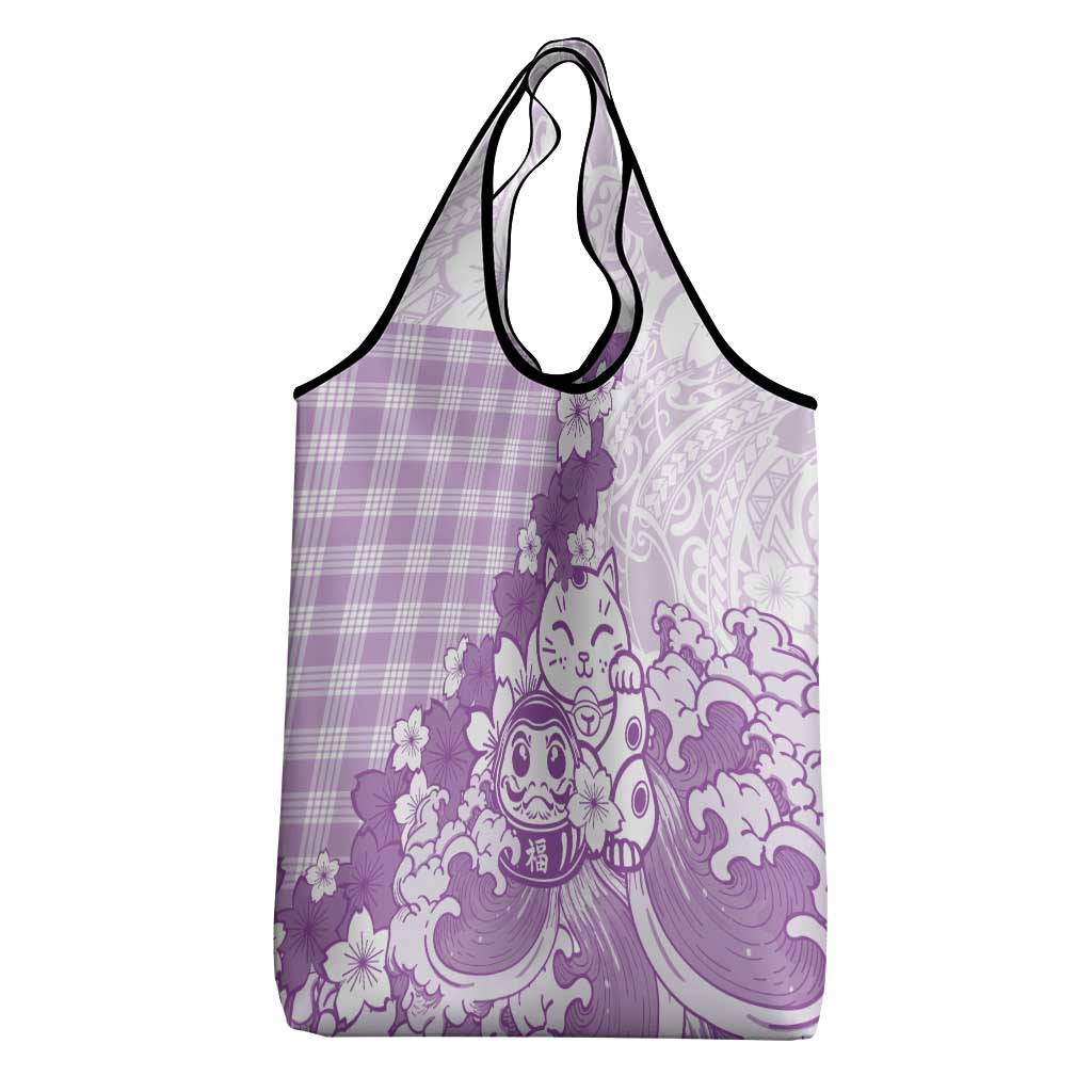 Purple Palaka Hawaiian And Japanese Grocery Bag Maneki Neko And Sakura Bloom DT05 - Polynesian Pride