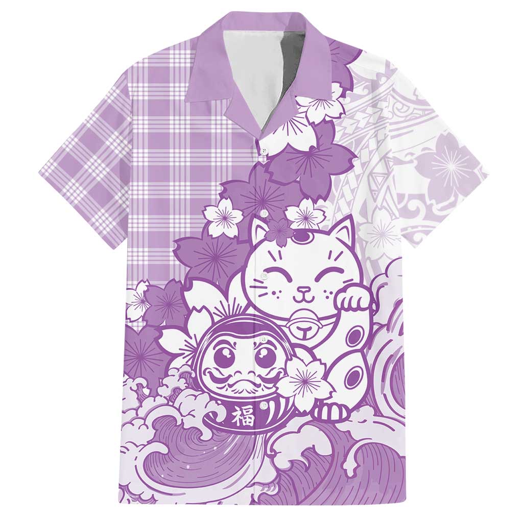 Purple Palaka Hawaiian And Japanese Hawaiian Shirt Maneki Neko And Sakura Bloom DT05 Purple - Polynesian Pride
