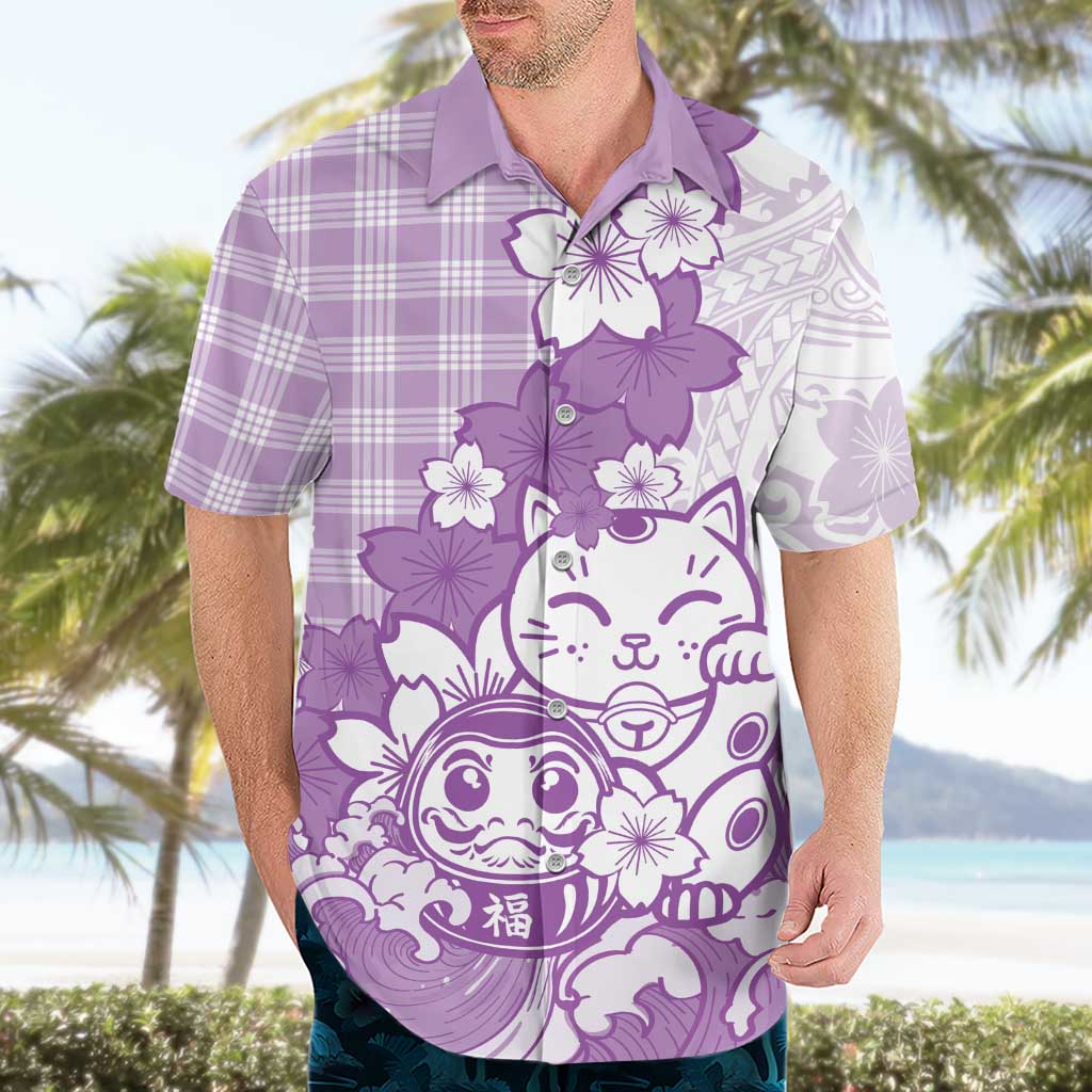Purple Palaka Hawaiian And Japanese Hawaiian Shirt Maneki Neko And Sakura Bloom DT05 - Polynesian Pride