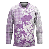 Purple Palaka Hawaiian And Japanese Hockey Jersey Maneki Neko And Sakura Bloom