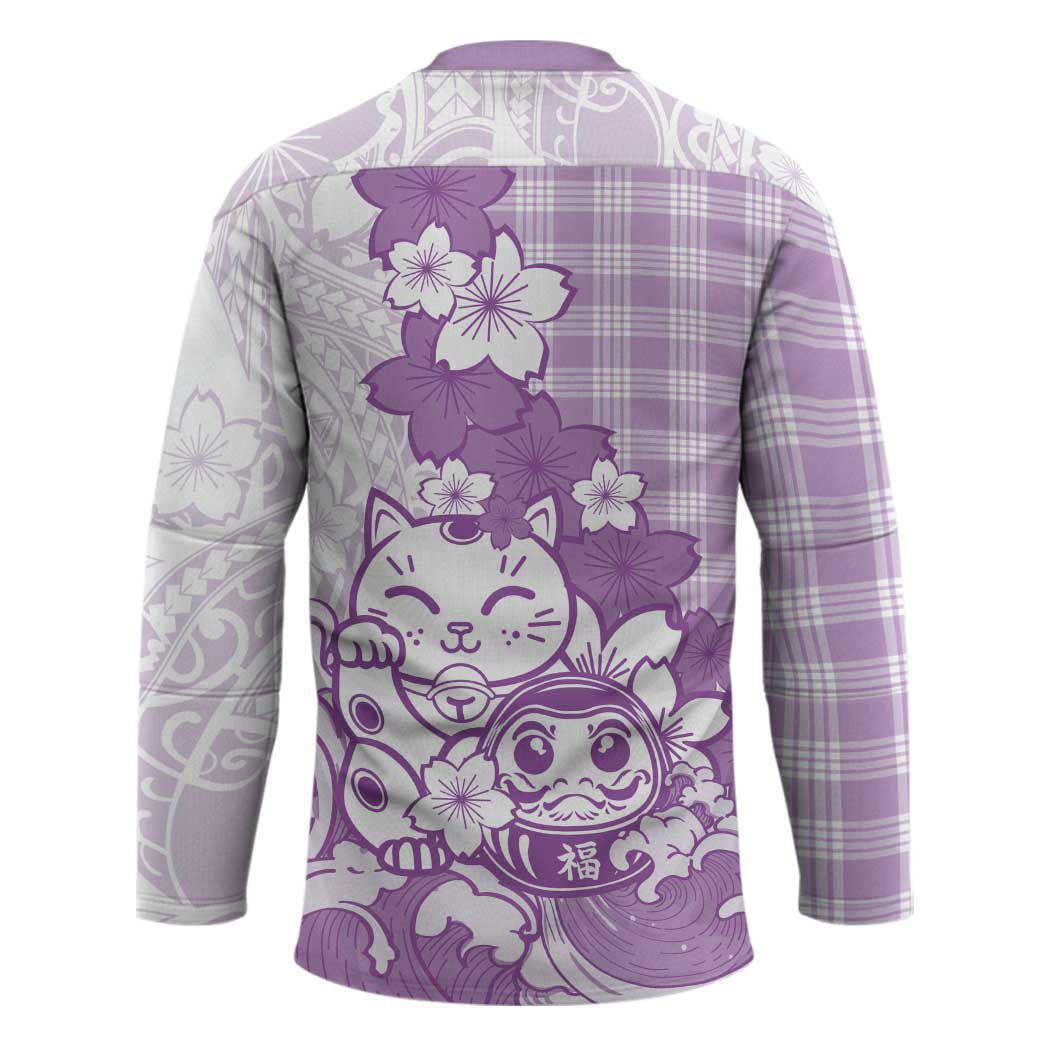 Purple Palaka Hawaiian And Japanese Hockey Jersey Maneki Neko And Sakura Bloom
