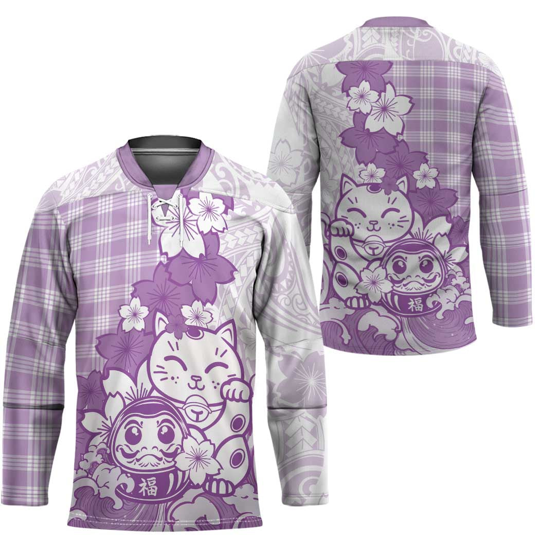 Purple Palaka Hawaiian And Japanese Hockey Jersey Maneki Neko And Sakura Bloom