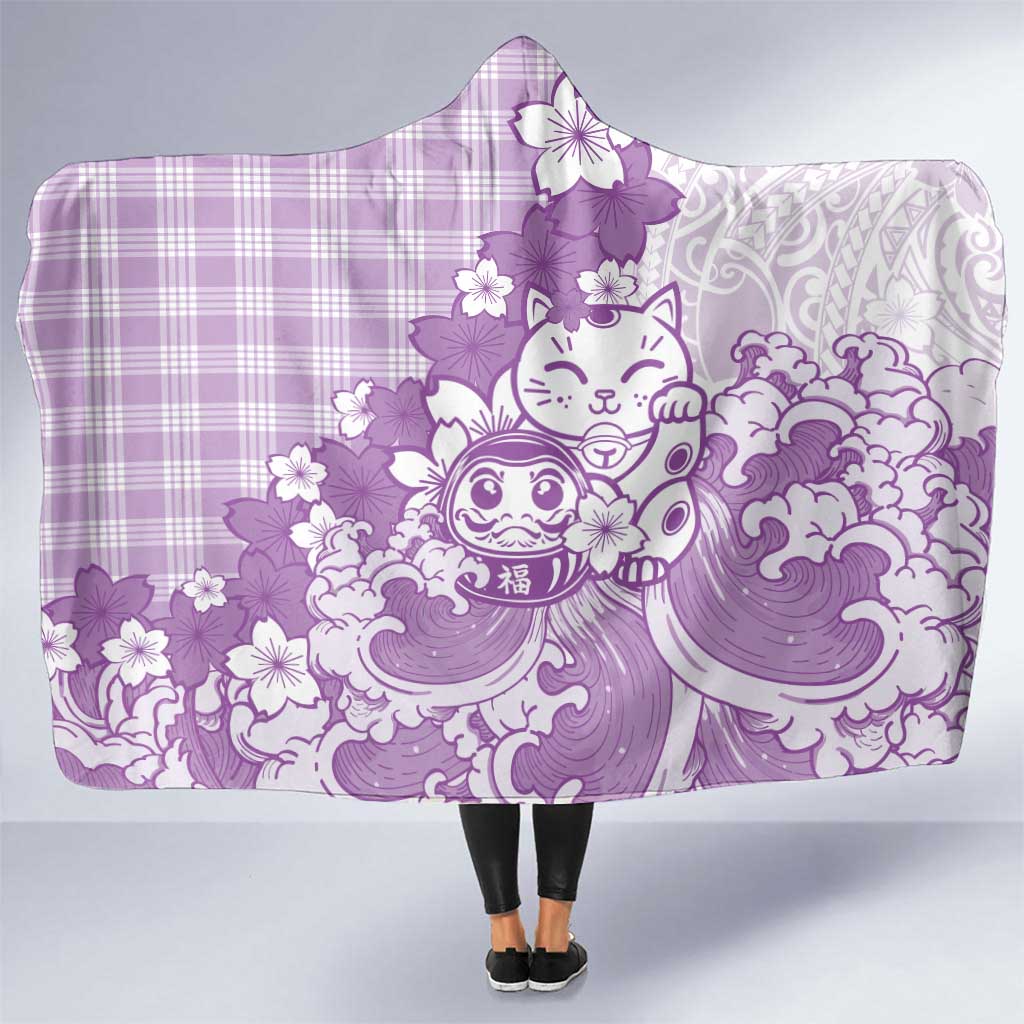 Purple Palaka Hawaiian And Japanese Hooded Blanket Maneki Neko And Sakura Bloom