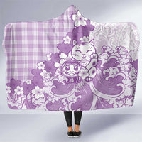 Purple Palaka Hawaiian And Japanese Hooded Blanket Maneki Neko And Sakura Bloom