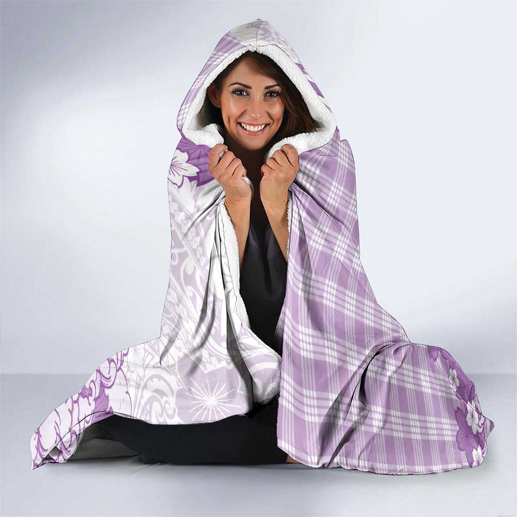 Purple Palaka Hawaiian And Japanese Hooded Blanket Maneki Neko And Sakura Bloom