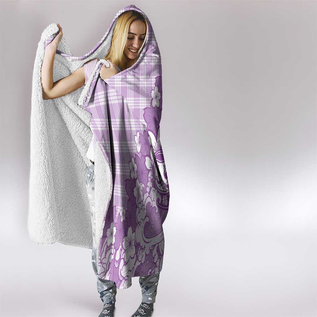 Purple Palaka Hawaiian And Japanese Hooded Blanket Maneki Neko And Sakura Bloom