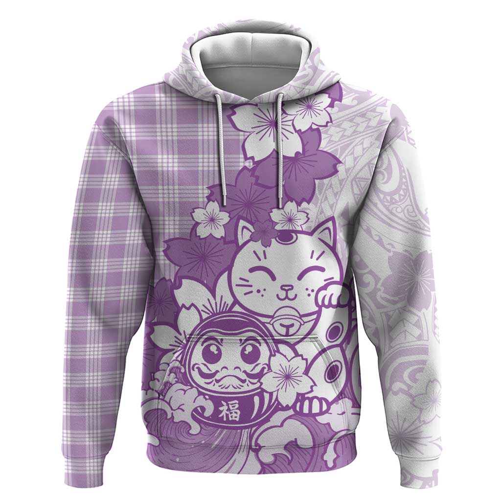 Purple Palaka Hawaiian And Japanese Hoodie Maneki Neko And Sakura Bloom