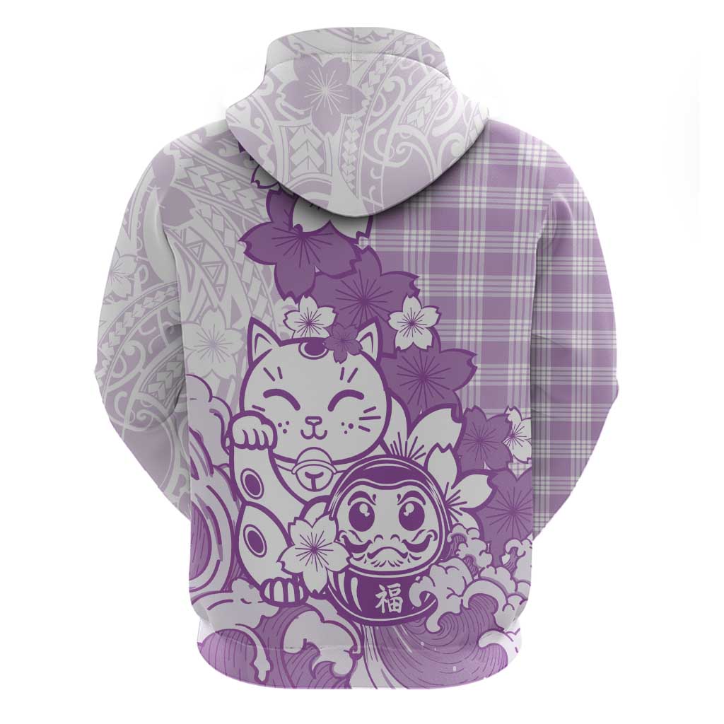 Purple Palaka Hawaiian And Japanese Hoodie Maneki Neko And Sakura Bloom