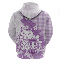 Purple Palaka Hawaiian And Japanese Hoodie Maneki Neko And Sakura Bloom